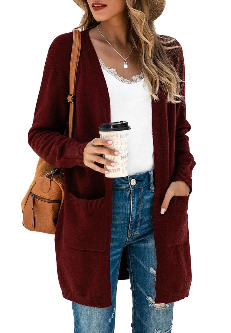 TASAMO Women's Loose Open Front Long Sleeve Solid Color Knit Cardigans Sweater Blouses with Packets (X-Large,Wine red) - Image 1